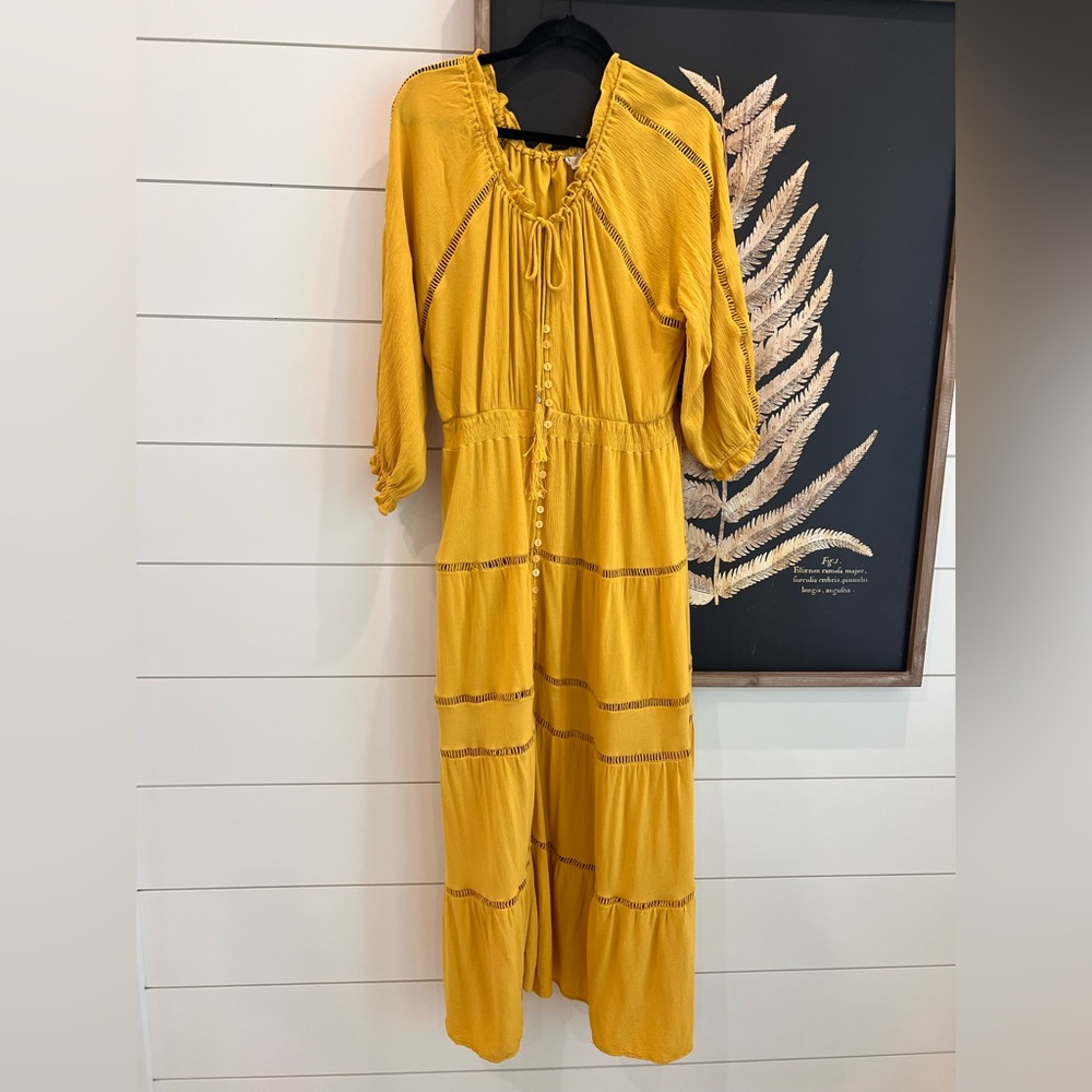 Dee Elly Mustard Yellow Boho Tiered Button-Front Maxi Dress